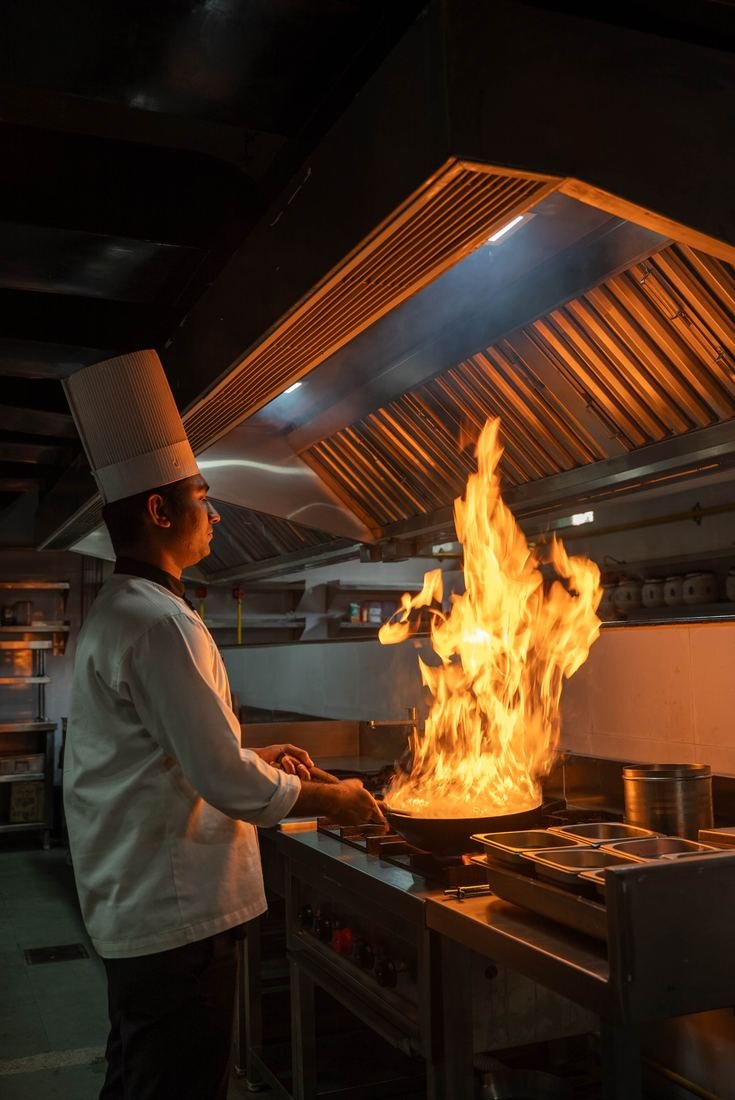 Chef flambéing a pan in a restaurant kitchen
