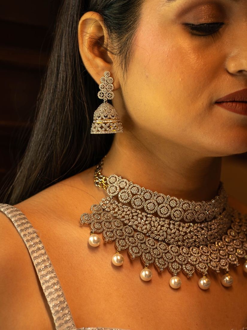 Close-up of a diamond choker and jhumkas
